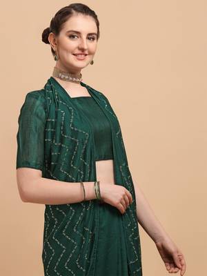 Green Color Sequences Embroidered Vichitra Silk Bollywood Designer Saree With Blouse Piece 3