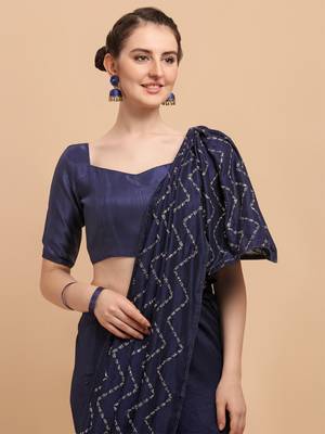 Navy Blue Color Sequences Embroidered Vichitra Silk Bollywood Designer Saree With Blouse Piece 3