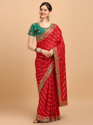 Red Color Embroidered Leheria Silk Designer Gota Patti Saree With Embroidered Blouse Piece 1