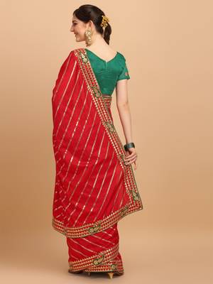 Red Color Embroidered Leheria Silk Designer Gota Patti Saree With Embroidered Blouse Piece 2