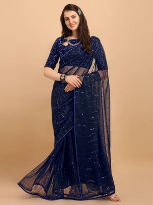 Navy Blue Color Sequences Embellished Designer Net Saree With Sequences Blouse Piece 1