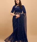 Navy Blue Color Sequences Embellished Designer Net Saree With Sequences Blouse Piece