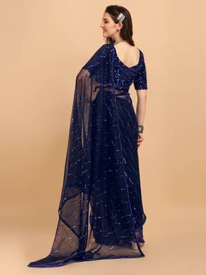 Navy Blue Color Sequences Embellished Designer Net Saree With Sequences Blouse Piece 2