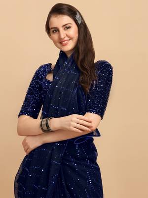 Navy Blue Color Sequences Embellished Designer Net Saree With Sequences Blouse Piece 3