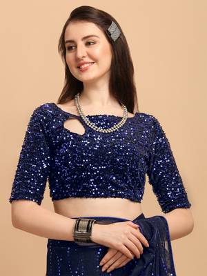 Navy Blue Color Sequences Embellished Designer Net Saree With Sequences Blouse Piece 4