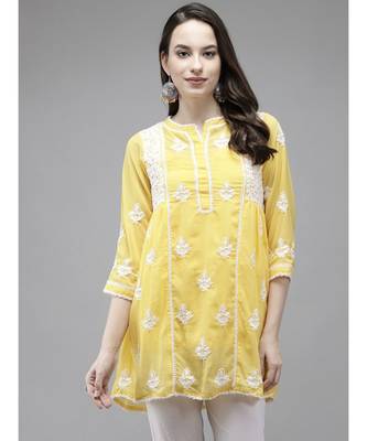 Ada Hand Embroidered Yellow Georgette Lucknow Chikan Women Kurti With slip - A911145 1