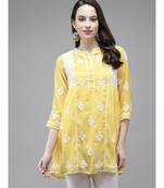 Ada Hand Embroidered Yellow Georgette Lucknow Chikan Women Kurti With slip - A911145