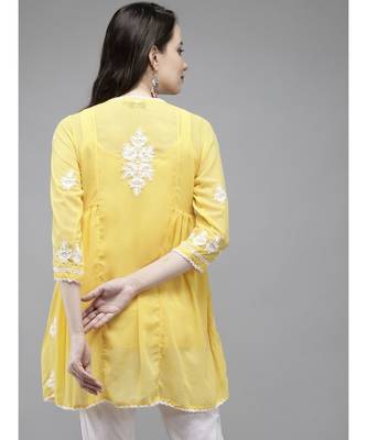 Ada Hand Embroidered Yellow Georgette Lucknow Chikan Women Kurti With slip - A911145 2