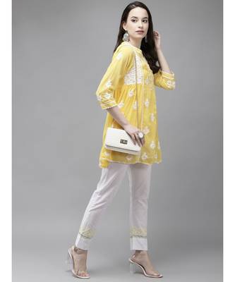Ada Hand Embroidered Yellow Georgette Lucknow Chikan Women Kurti With slip - A911145 3