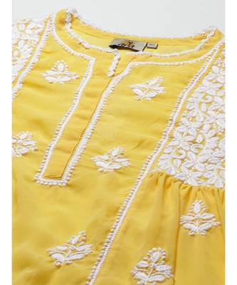 Ada Hand Embroidered Yellow Georgette Lucknow Chikan Women Kurti With slip - A911145 4