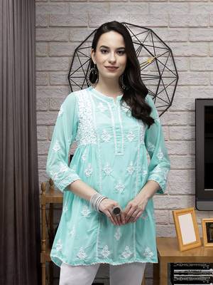 Hand Embroidered Sea Green Faux Georgette Lucknowi Chikankari  Women Short Kurti With Slip 1