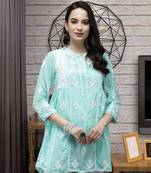 Hand Embroidered Sea Green Faux Georgette Lucknowi Chikankari  Women Short Kurti With Slip