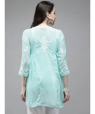 Hand Embroidered Sea Green Faux Georgette Lucknowi Chikankari  Women Short Kurti With Slip 2