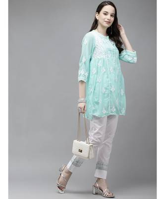 Hand Embroidered Sea Green Faux Georgette Lucknowi Chikankari  Women Short Kurti With Slip 3