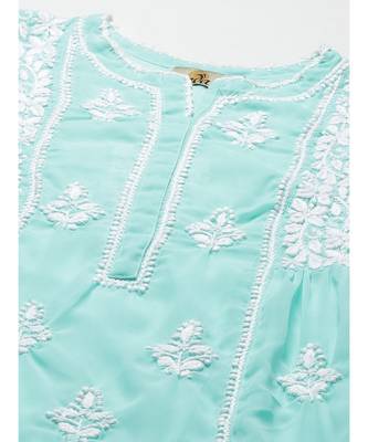 Hand Embroidered Sea Green Faux Georgette Lucknowi Chikankari  Women Short Kurti With Slip 4