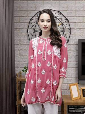 Hand Embroidered Onion Pink Faux Georgette Lucknow Chikan Women Short Kurti With Slip 1