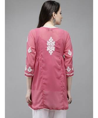 Hand Embroidered Onion Pink Faux Georgette Lucknow Chikan Women Short Kurti With Slip 2