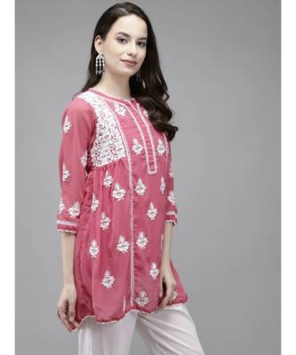 Hand Embroidered Onion Pink Faux Georgette Lucknow Chikan Women Short Kurti With Slip 3