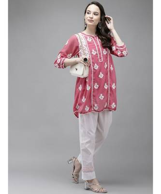 Hand Embroidered Onion Pink Faux Georgette Lucknow Chikan Women Short Kurti With Slip 4