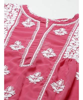 Hand Embroidered Onion Pink Faux Georgette Lucknow Chikan Women Short Kurti With Slip 5