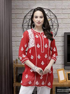 Hand Embroidered Red Georgette Lucknow Chikan Women Short Kurti With Slip 1