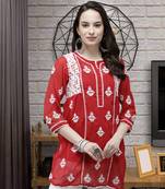 Hand Embroidered Red Georgette Lucknow Chikan Women Short Kurti With Slip