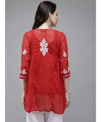 Hand Embroidered Red Georgette Lucknow Chikan Women Short Kurti With Slip 2