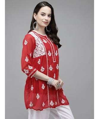 Hand Embroidered Red Georgette Lucknow Chikan Women Short Kurti With Slip 3