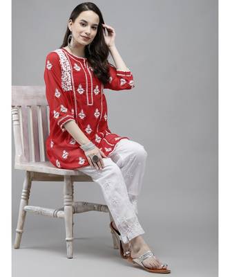 Hand Embroidered Red Georgette Lucknow Chikan Women Short Kurti With Slip 4