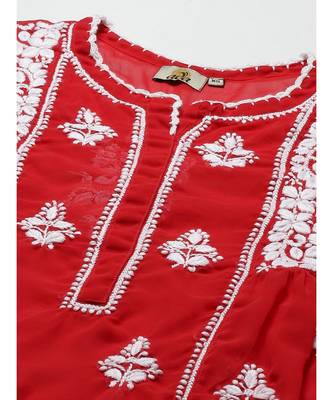 Hand Embroidered Red Georgette Lucknow Chikan Women Short Kurti With Slip 5