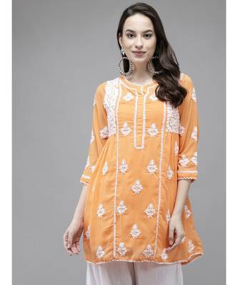 Ada Hand Embroidered Orange Georgette Lucknow Chikan Women Kurti With Slip - A911149 1