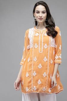 Ada Hand Embroidered Orange Georgette Lucknow Chikan Women Kurti With Slip - A911149