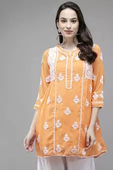 Ada Hand Embroidered Orange Georgette Lucknow Chikan Women Kurti With Slip - A911149