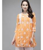 Ada Hand Embroidered Orange Georgette Lucknow Chikan Women Kurti With Slip - A911149