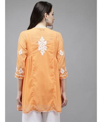 Ada Hand Embroidered Orange Georgette Lucknow Chikan Women Kurti With Slip - A911149 2