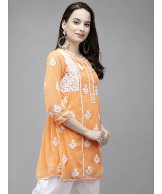 Ada Hand Embroidered Orange Georgette Lucknow Chikan Women Kurti With Slip - A911149 3