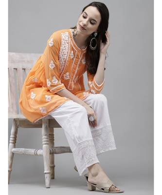 Ada Hand Embroidered Orange Georgette Lucknow Chikan Women Kurti With Slip - A911149 4