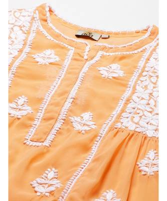 Ada Hand Embroidered Orange Georgette Lucknow Chikan Women Kurti With Slip - A911149 5