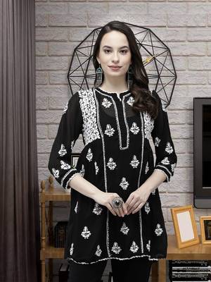 Hand Embroidered Black Georgette Lucknow Chikan Women Short Kurti With Slip 1