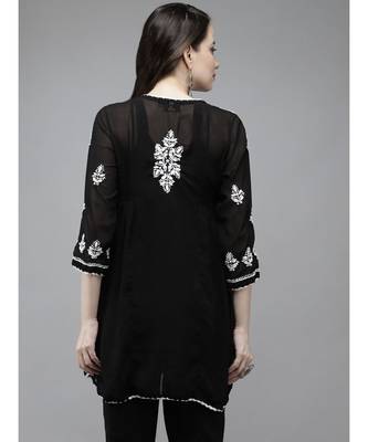 Hand Embroidered Black Georgette Lucknow Chikan Women Short Kurti With Slip 2