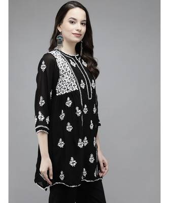 Hand Embroidered Black Georgette Lucknow Chikan Women Short Kurti With Slip 3