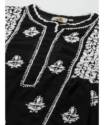 Hand Embroidered Black Georgette Lucknow Chikan Women Short Kurti With Slip 5