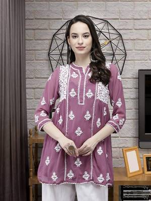 Hand Crafted Mauve Georgette Lucknowi Chikankari Indian Women Short Kurti With Slip 1