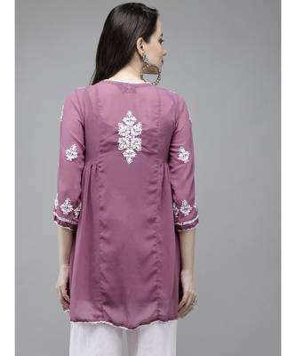 Hand Crafted Mauve Georgette Lucknowi Chikankari Indian Women Short Kurti With Slip 2