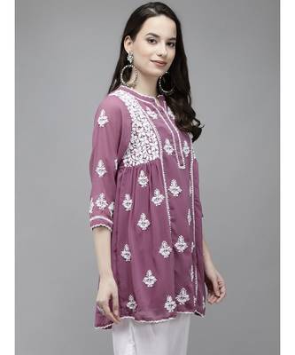 Hand Crafted Mauve Georgette Lucknowi Chikankari Indian Women Short Kurti With Slip 3