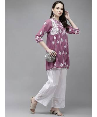 Hand Crafted Mauve Georgette Lucknowi Chikankari Indian Women Short Kurti With Slip 4