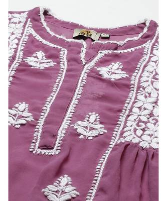 Hand Crafted Mauve Georgette Lucknowi Chikankari Indian Women Short Kurti With Slip 5