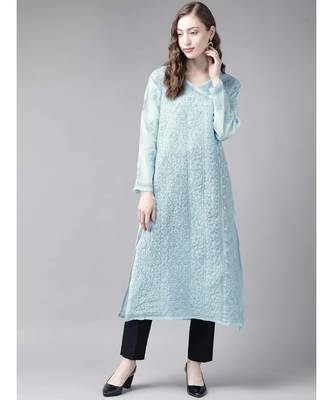Ada Hand Embroidered Blue Cotton Lucknow Chikan Women Kurta - A411250 1