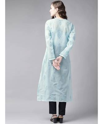 Ada Hand Embroidered Blue Cotton Lucknow Chikan Women Kurta - A411250 2