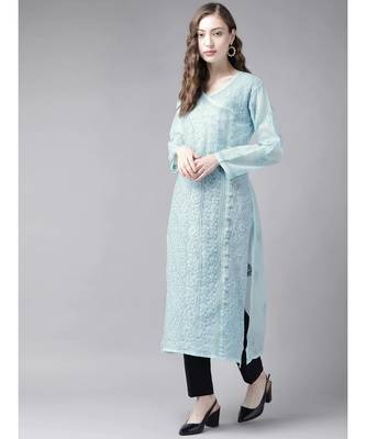 Ada Hand Embroidered Blue Cotton Lucknow Chikan Women Kurta - A411250 3
